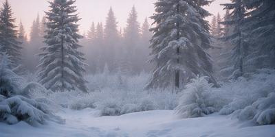 The primary subject of the image is a snow-covered forest with trees. The setting is a snowy landscape, and the visual style appears to be a photo. The dominant colors are white and gray, creating a serene and cold atmosphere.